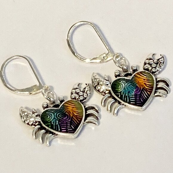 Crab Earrings Dangle Silver Plated Enamel Sea Life Beach Island Zodiac Cancer - Picture 9 of 10